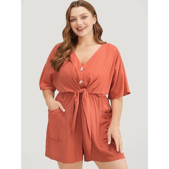 2/$25 Size 14 - 16 • 1x BloomChicCoral Pocket Button Belted Knotted Front Romper - Picture 5 of 8